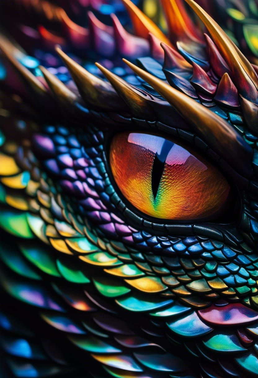 Hyperrealistic Dragon Eye Reflecting Iridescent Scales in 8K