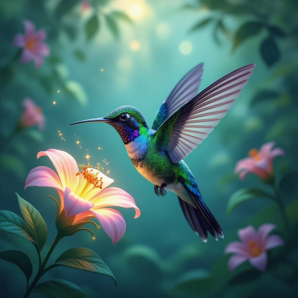 Bioluminescent Hummingbird in a Psychedelic Jungle