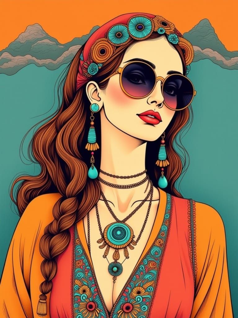 Bohemian Woman Portrait in Psychedelic Retro Style
