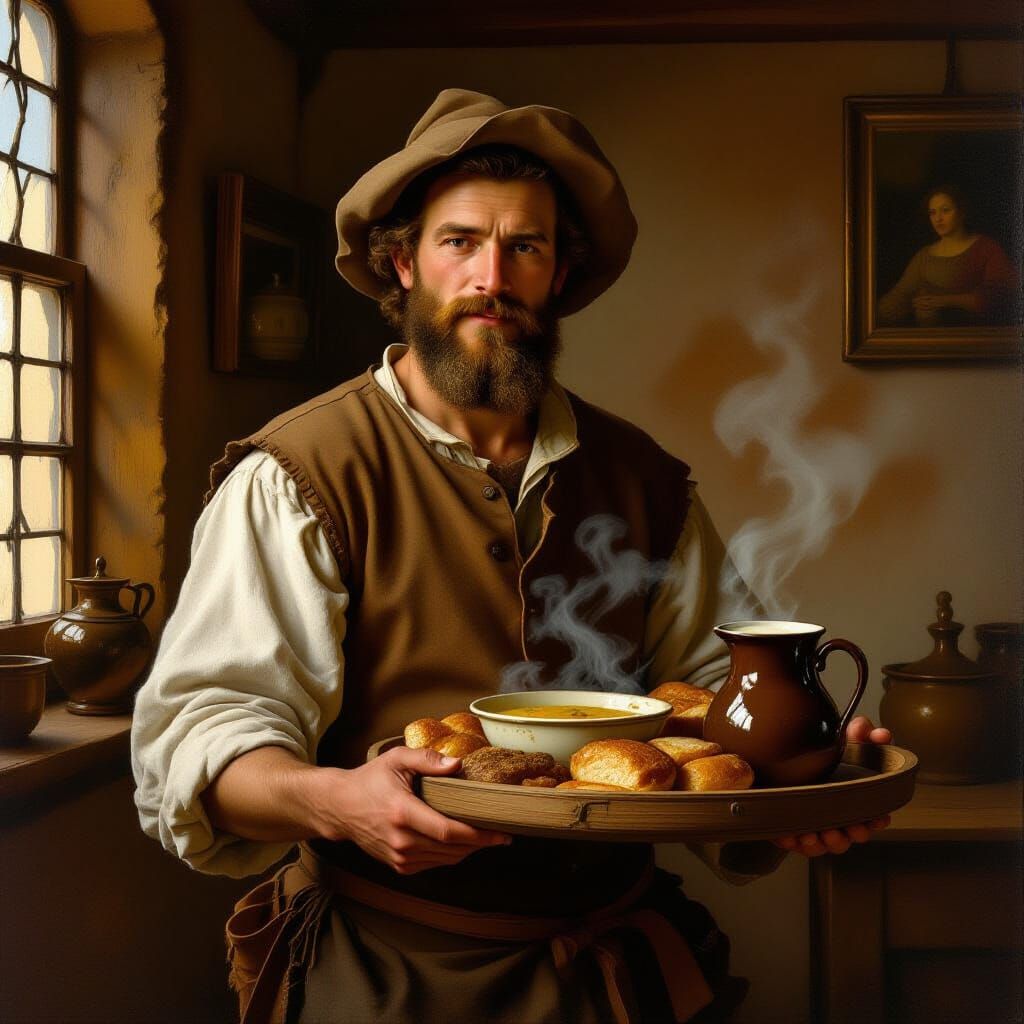 Rustic Servant with Food, in Classic Painting Style