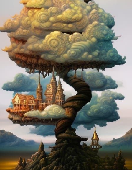 Clockpunk Bonsai Village in Dreamland: Digital Illustration