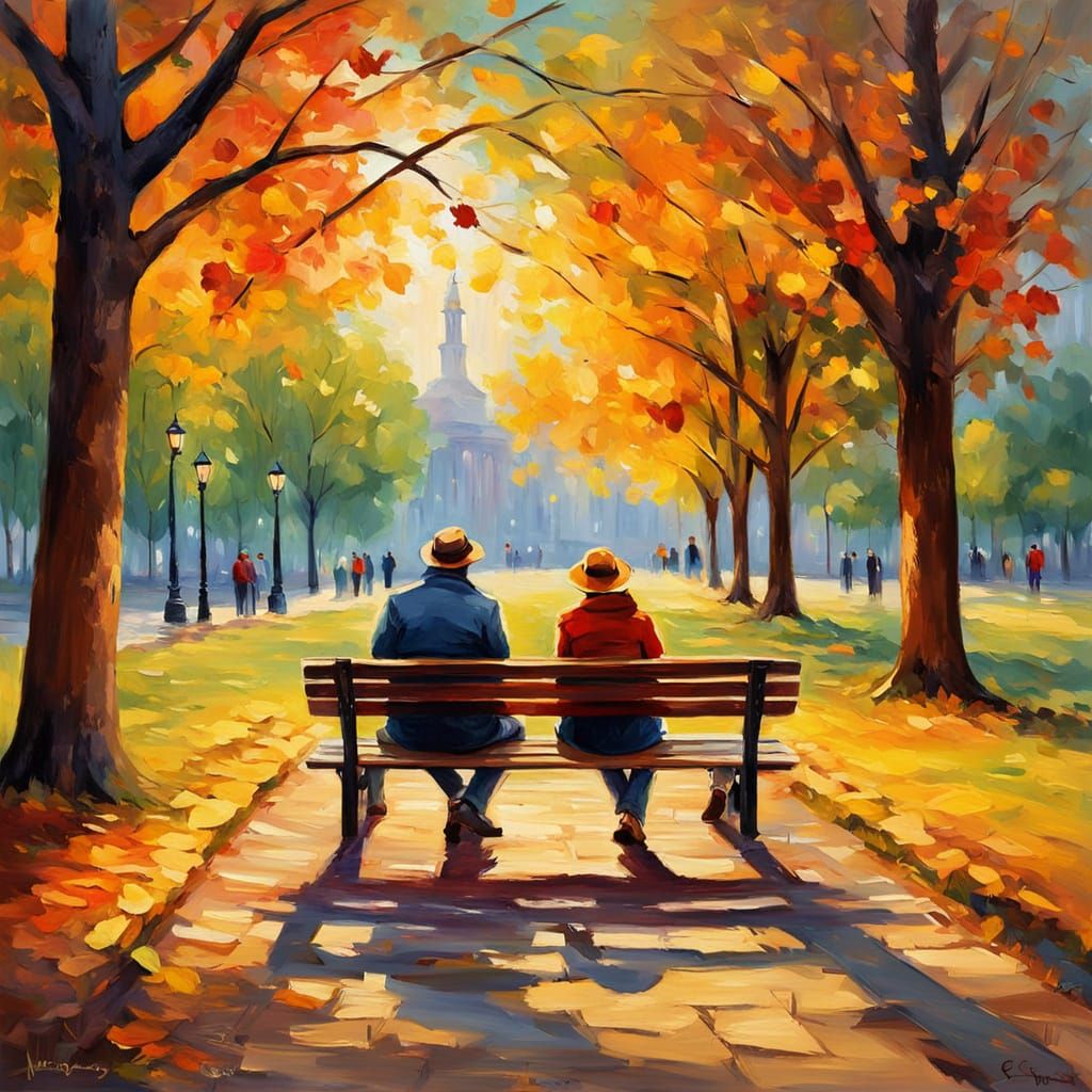 Impressionist Autumn Scene: Couple on Park Bench