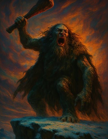 Troll on Snowy Cliff Edge in Dark Fantasy Style