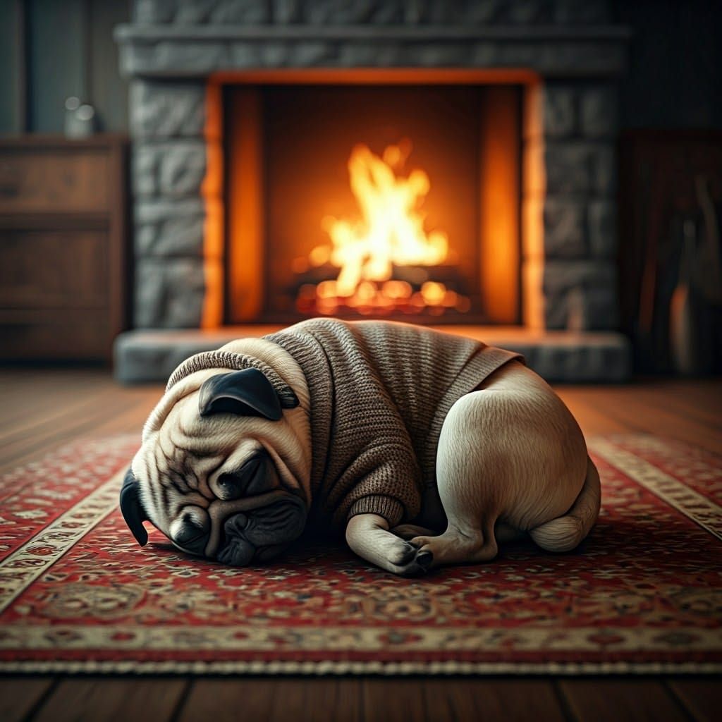 Pug Asleep by Fireplace in Photorealistic Style