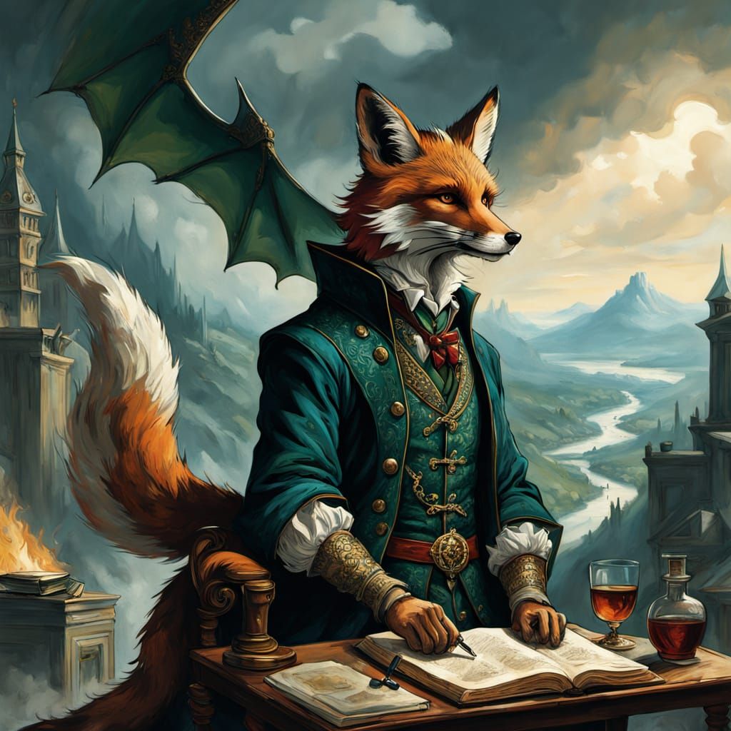 Fox Gentleman Reads in Library, Oil Painting Style