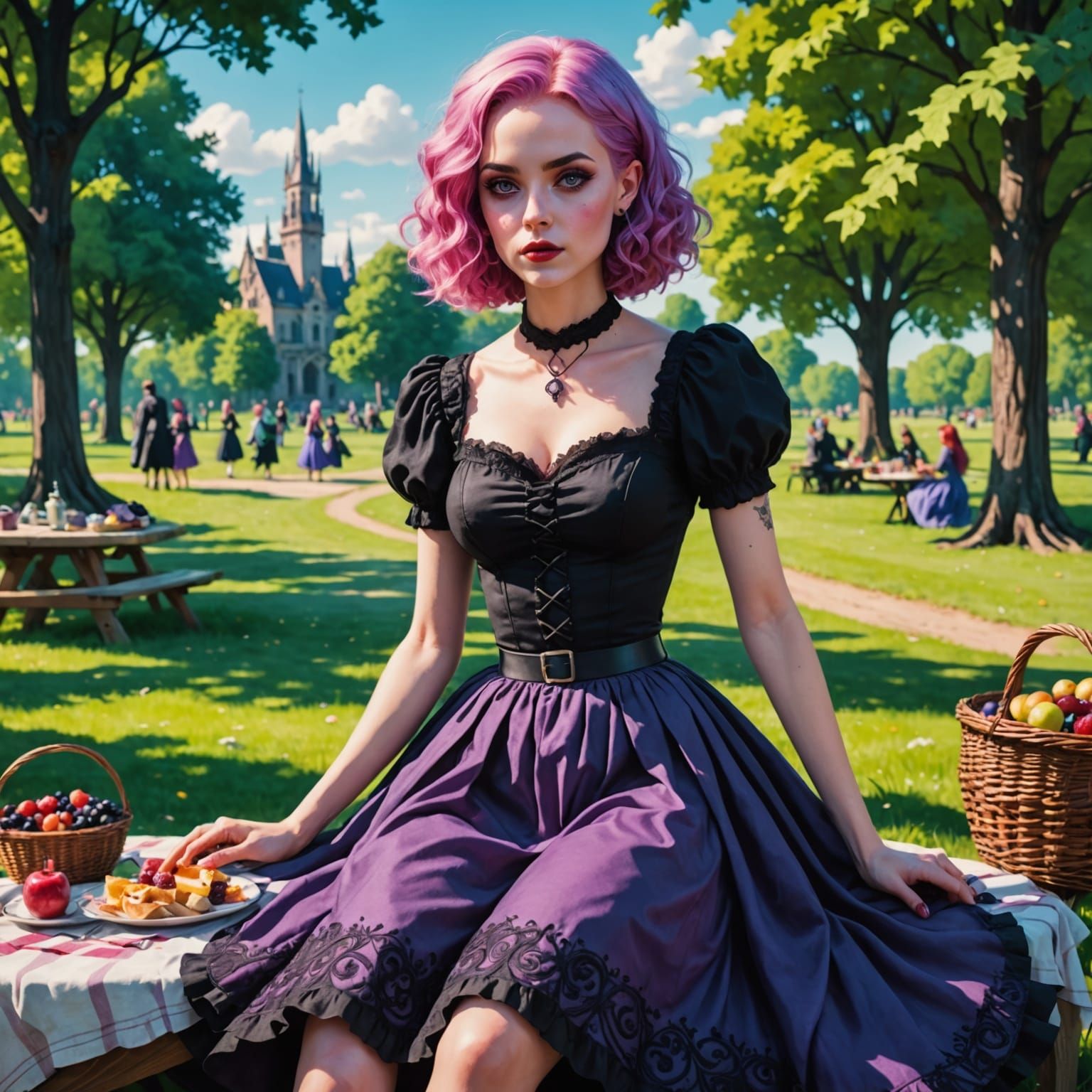 Gothic Pin-Up Girl Enjoys Picnic in Whimsical Park