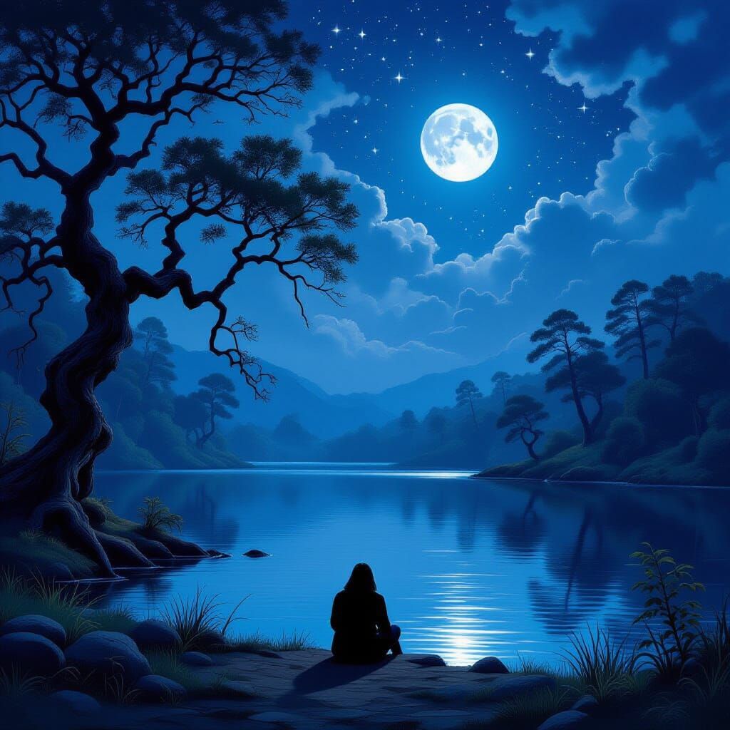 Moonlit Lake Serenity: Figure by Starry Water in Romantic St...