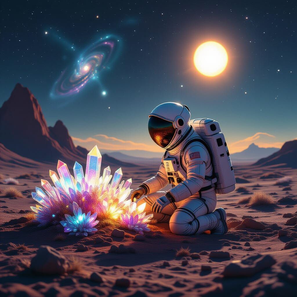 Astronaut Tends Alien Garden Under Twin Suns