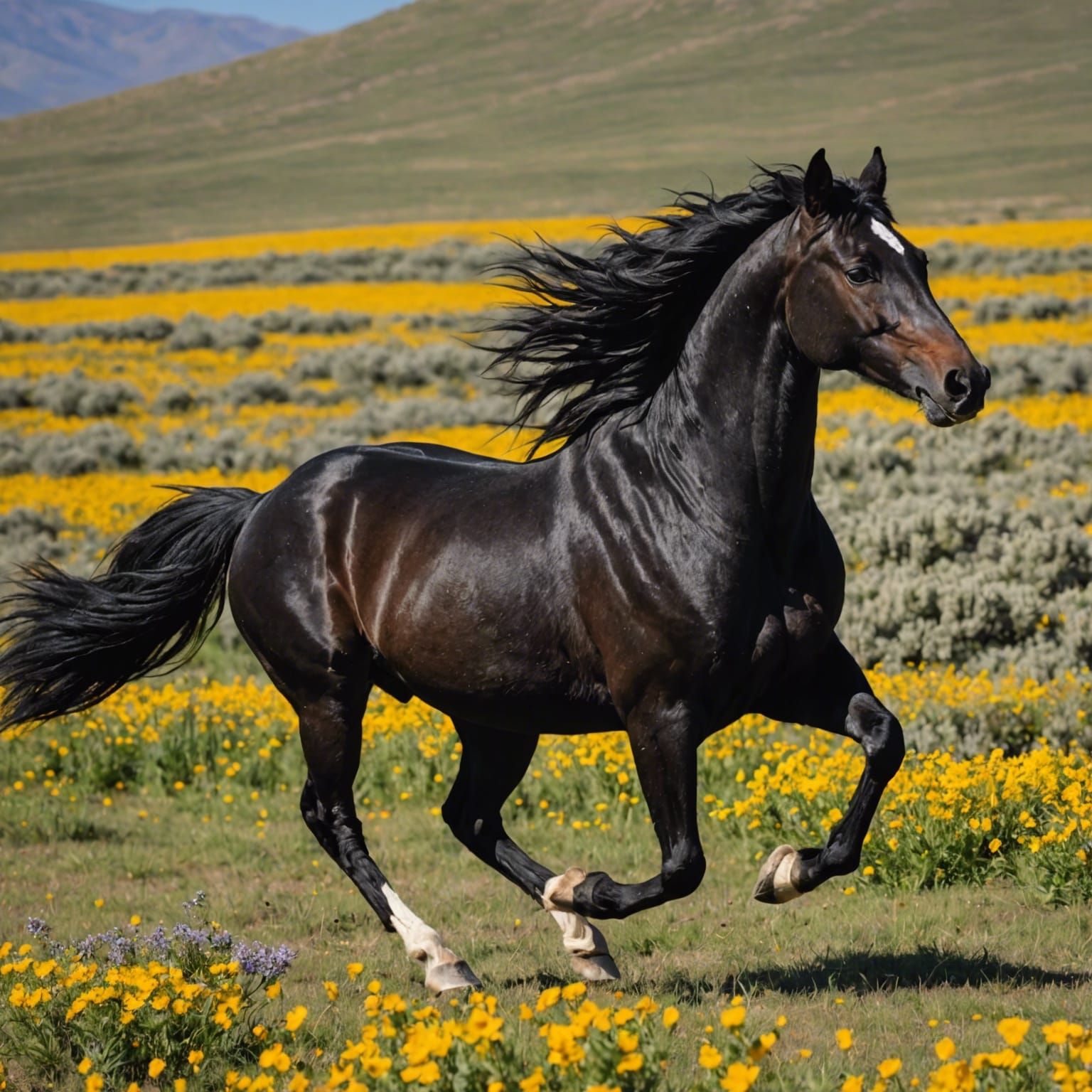 Wild Mustang Galloping Through Flowery Meadow