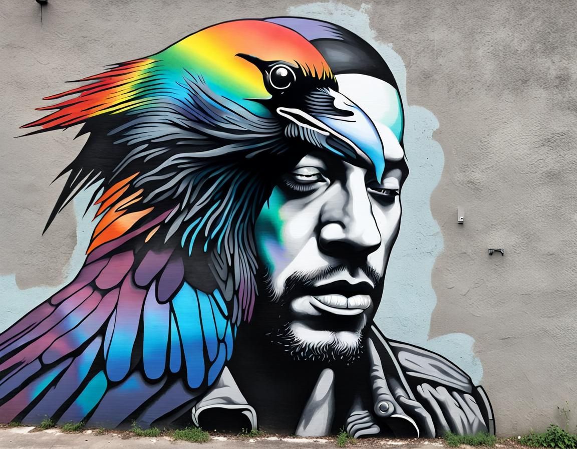 Man with Raven: Rainbow Iridescent Street Art Portrait
