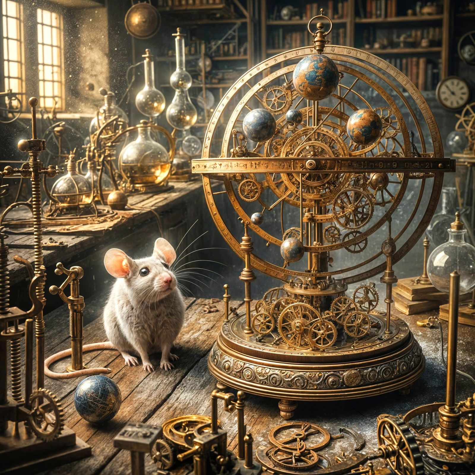 Clockwork Orrery and Curious Mouse in Antique Lab