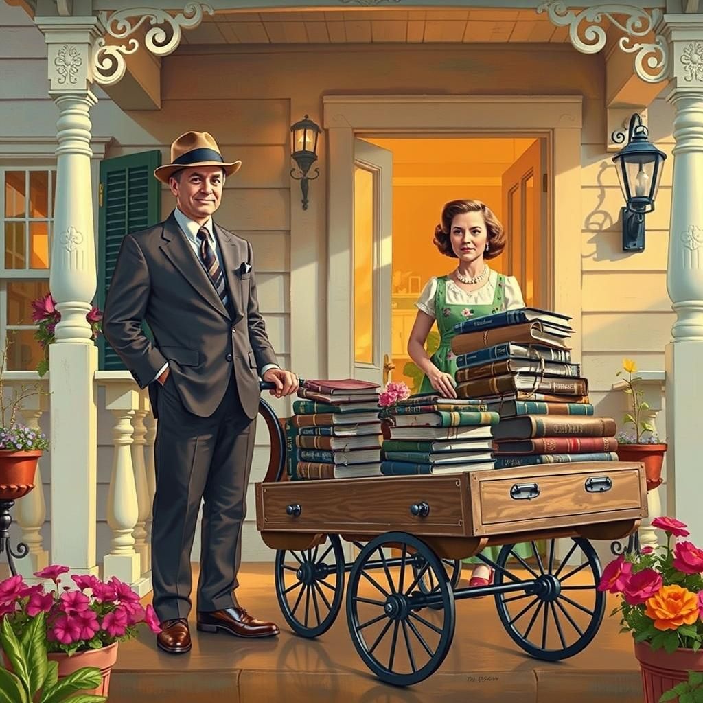 Encyclopedia Salesman on Quaint Porch in Americana Style