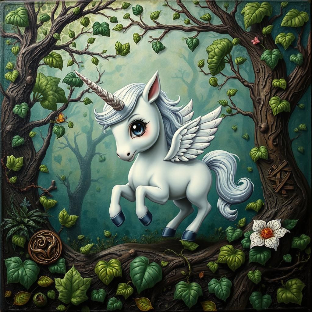 Chibi Unicorn in Surreal Impasto Trompe L'oeil Setting