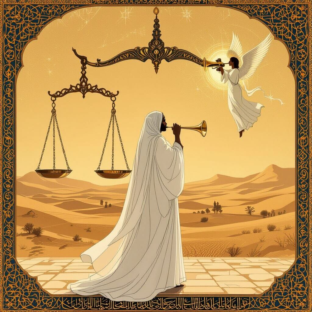 Islamic Judgment Day Scene in Geometric Art Style