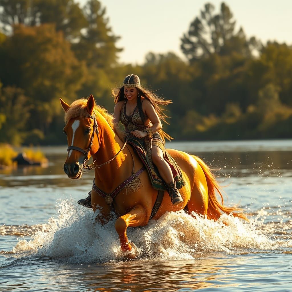 Golden Horse and Warrior Woman in River