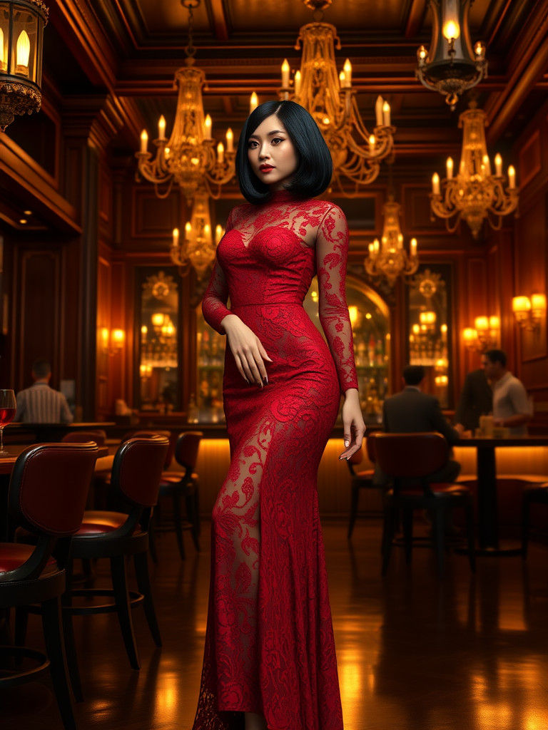 Elegant Woman in Red Lace Dress, Fantasy Concept Art