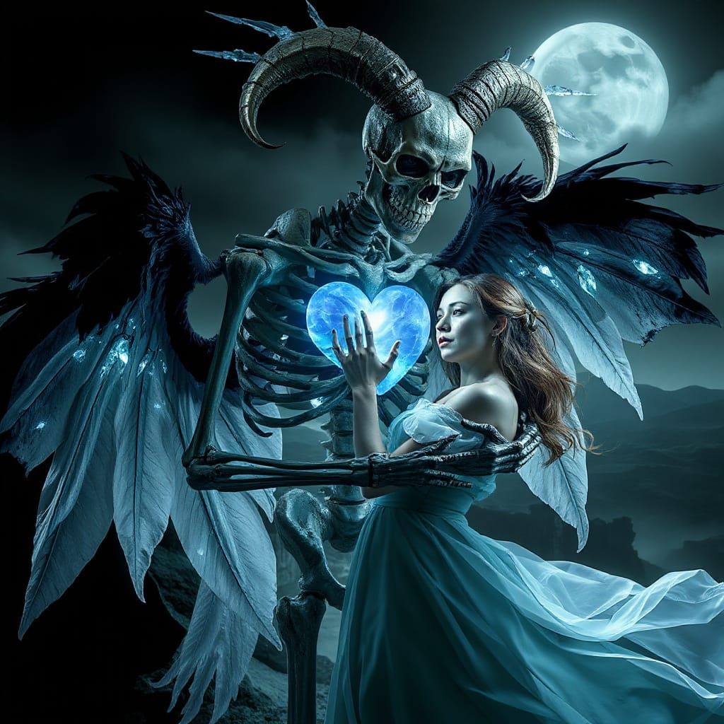 Skeletal Figure Embraces Woman in Mystical Dreamscape