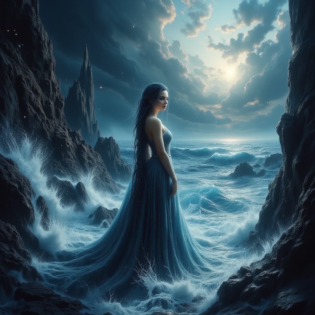 Water Nymph Unleashes Storm's Fury Over Dark Ocean