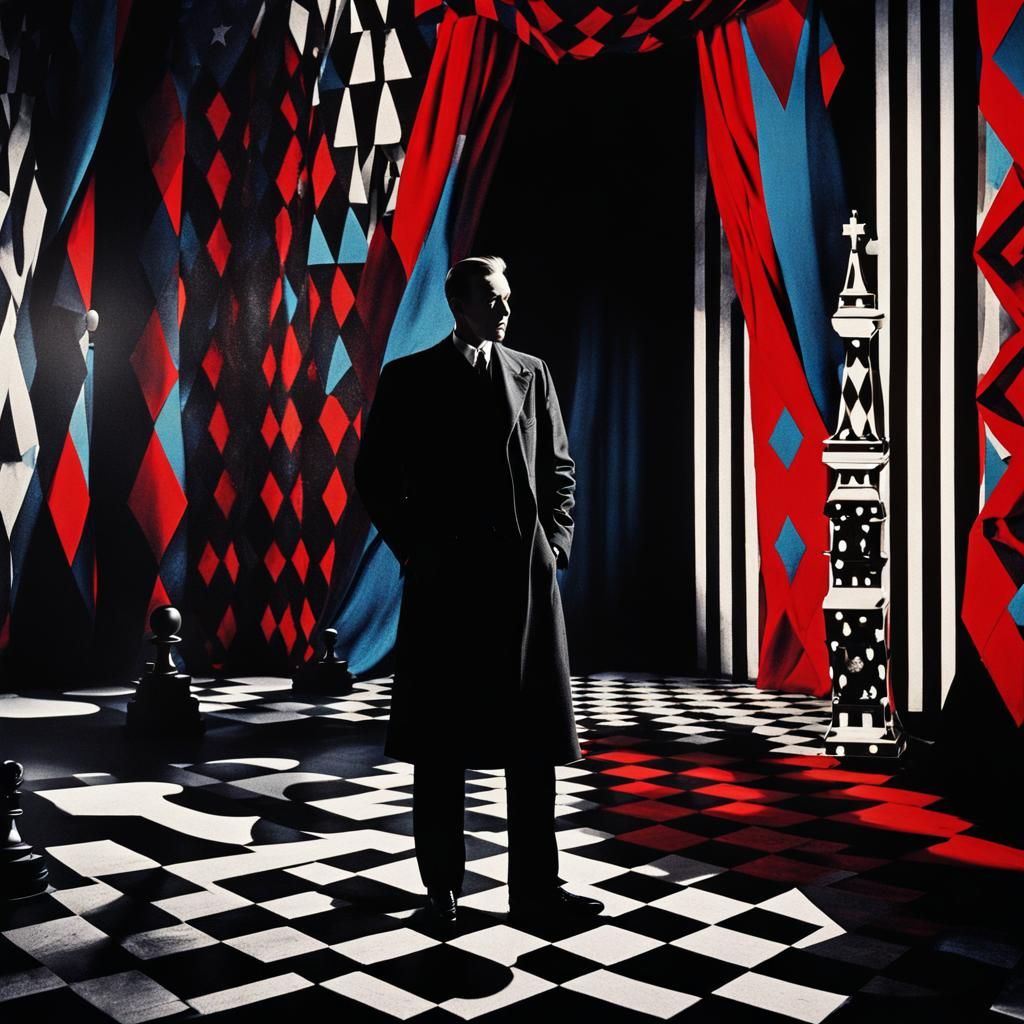 German Expressionist Chess Scene in Polychromatic Splash Art...