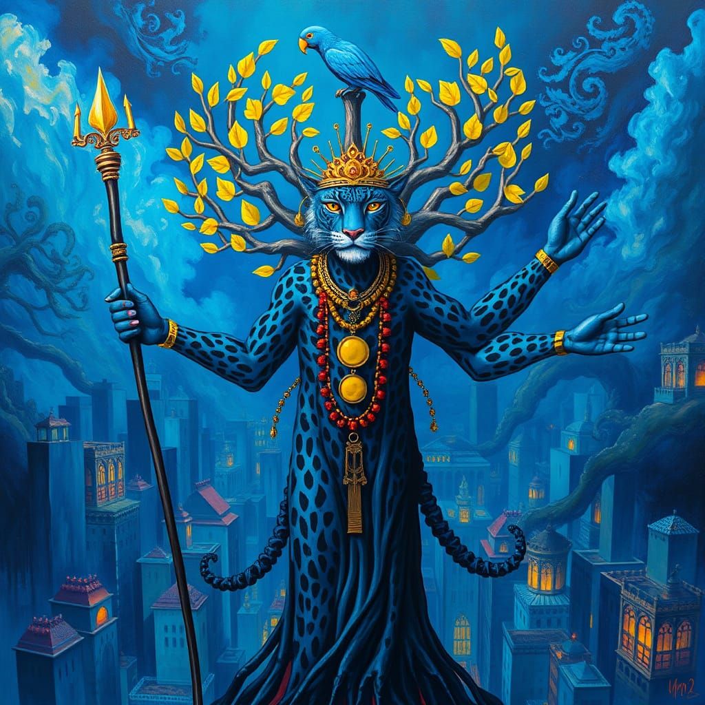 Blue Leopard Shaman in Iridescent Cityscape