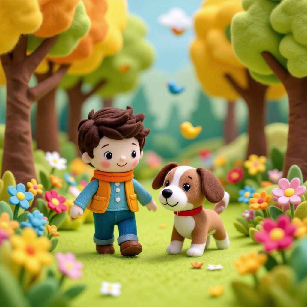 Felt Boy and Dog in Colorful Forest