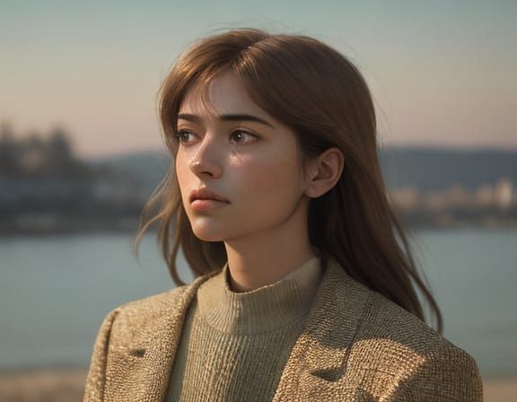 Young Woman Contemplates Human Connections in Golden Hour