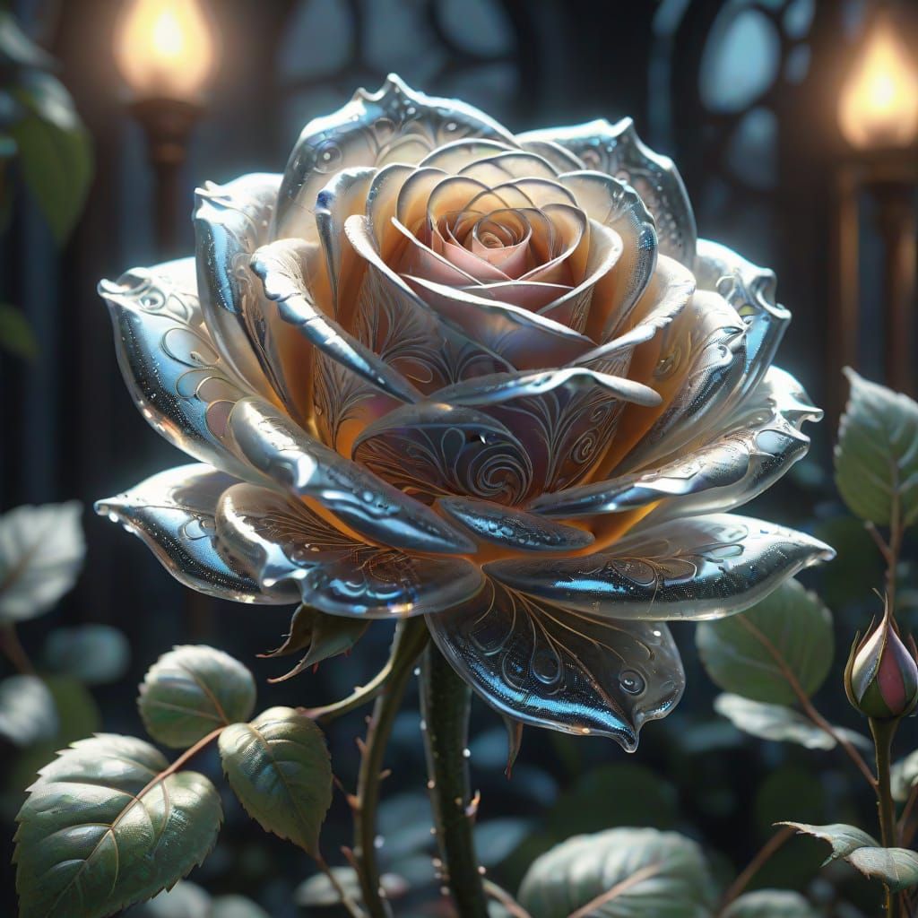 Surreal Glass Rose in Moonlit Garden