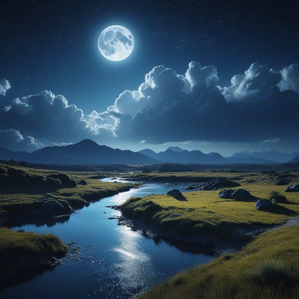 Dreamy Lunar Landscape in Indigo and Silver