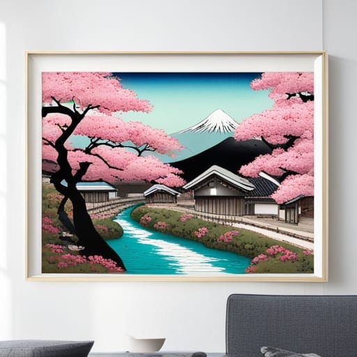 Serene Ukiyo-e Village with Cherry Blossoms