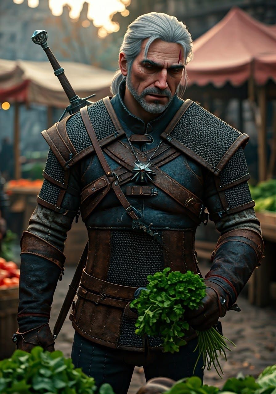 Geralt of Rivia in a Bustling Marketplace