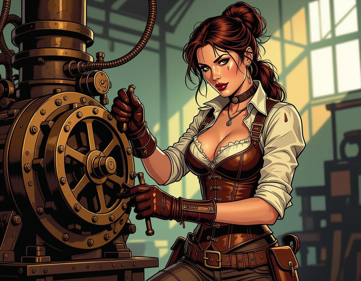 Steampunk Mechanic Woman Repairs Steam Engine in Comic Style
