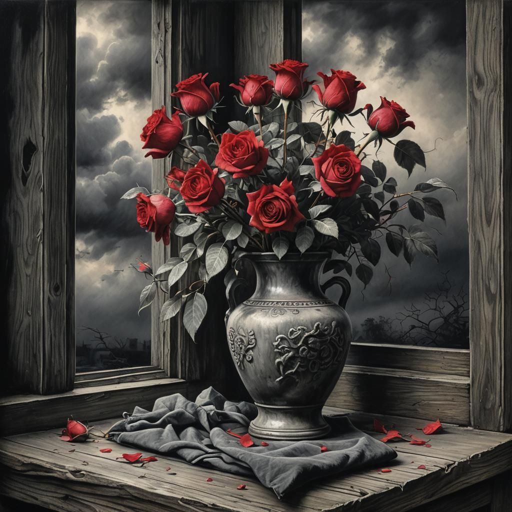 Wilting Roses Before the Storm: A Charcoal Drawing