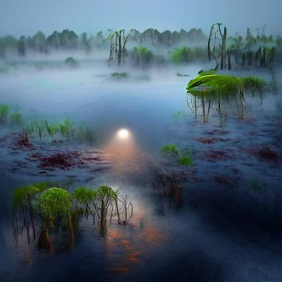 Ethereal Misty Swamp Landscape at Twilight
