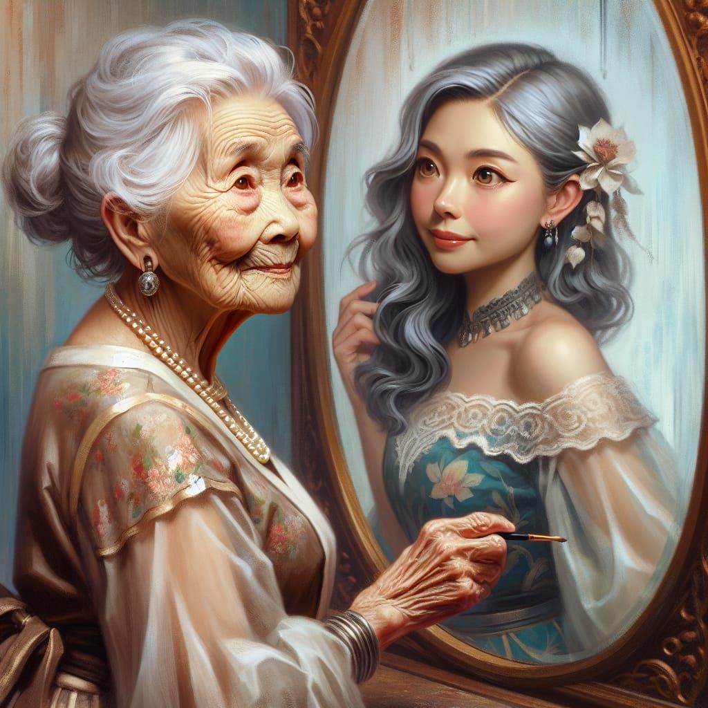 Elderly Woman's Reflection Reveals Youthful Past
