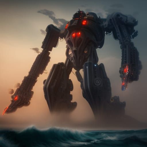 Epic Giant Mech in Stormy Ocean