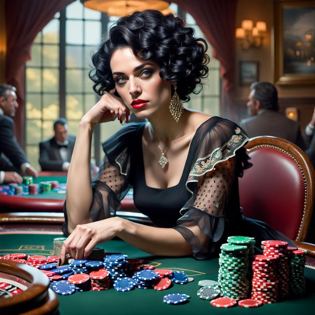 Woman Claims Poker Chips in Ethereal Fantasy Style