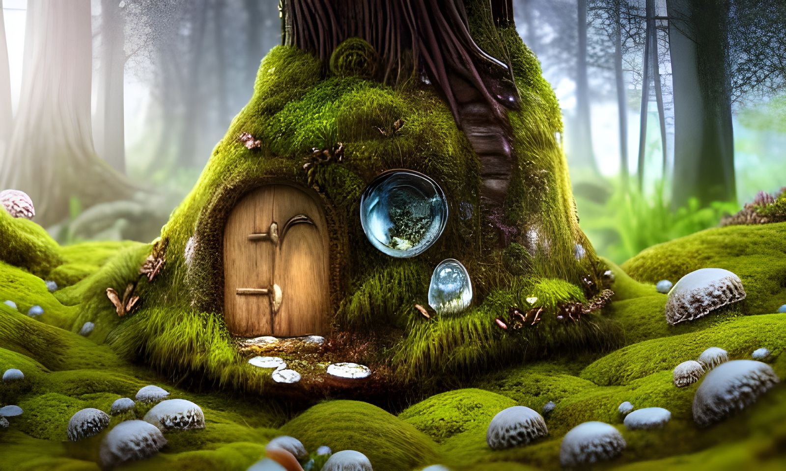 Enchanted Fairy Garden with Mushroom House in Cyberpunk Styl...