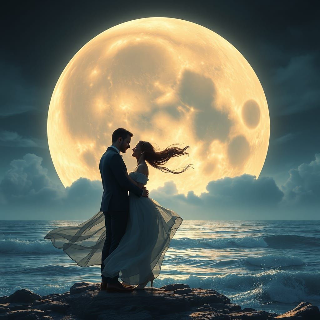 Romantic Couple on the Moon: Enchanted Fantasy Scene