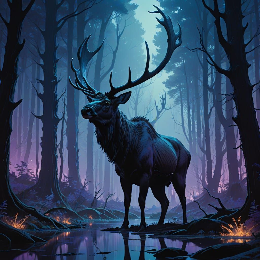 Irish Elk in Bioluminescent Forest, Digital Matte Painting