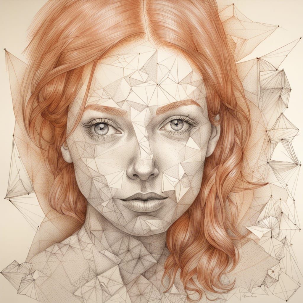 Detailed Pencil Sketch of Redhead with Polygonal Surfaces