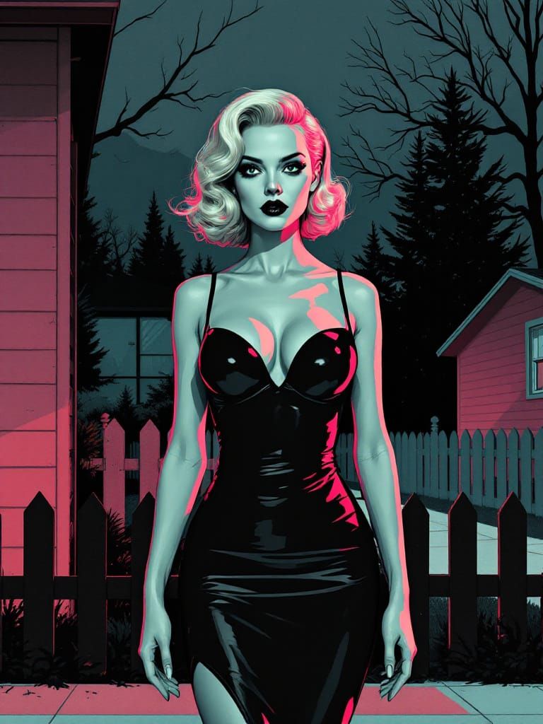 Pin-Up Woman in Vinyl Dress, Suburban Gothic Style