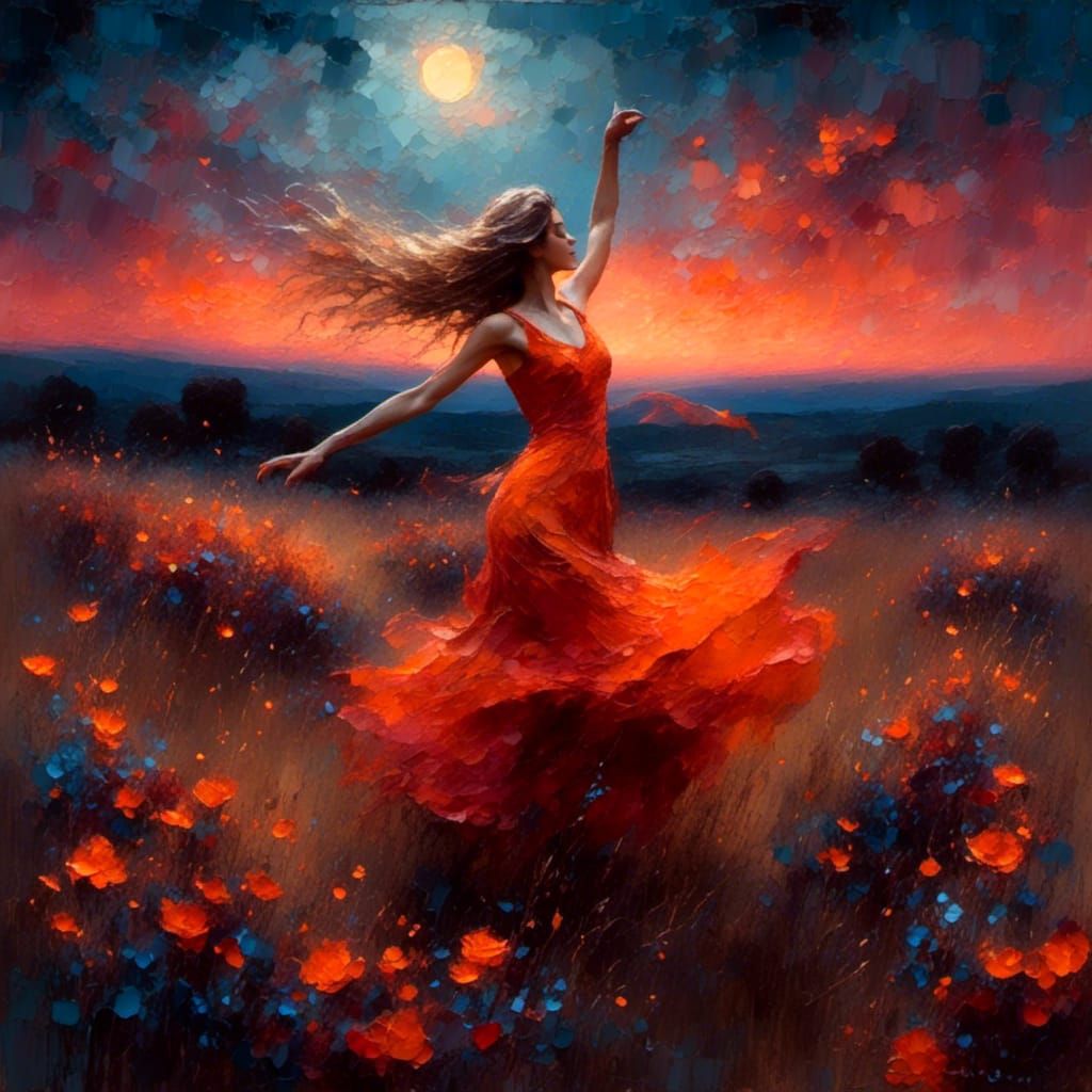 Woman Dancing in Moonlight: Impressionist Painting