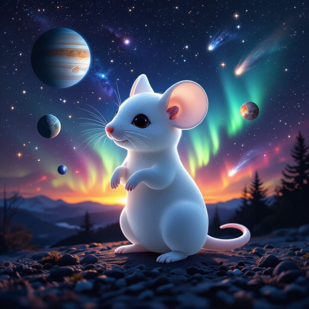 Ghostly Translucent Chibi Mouse Under Starry Night Sky