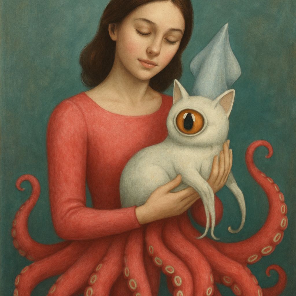 Surreal Woman with Octopus Dress and Squid-Cat