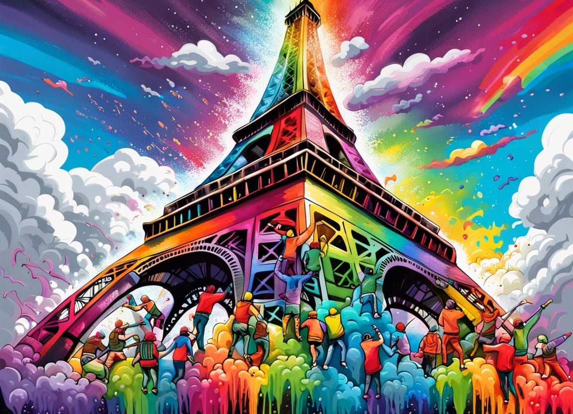 Eiffel Tower Climbers in Graffiti Splash Art