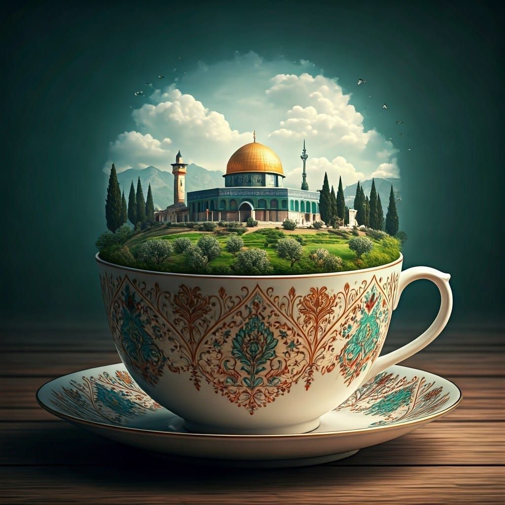 Mystical Palestine Teacup: Lush Valley and Golden Mosque