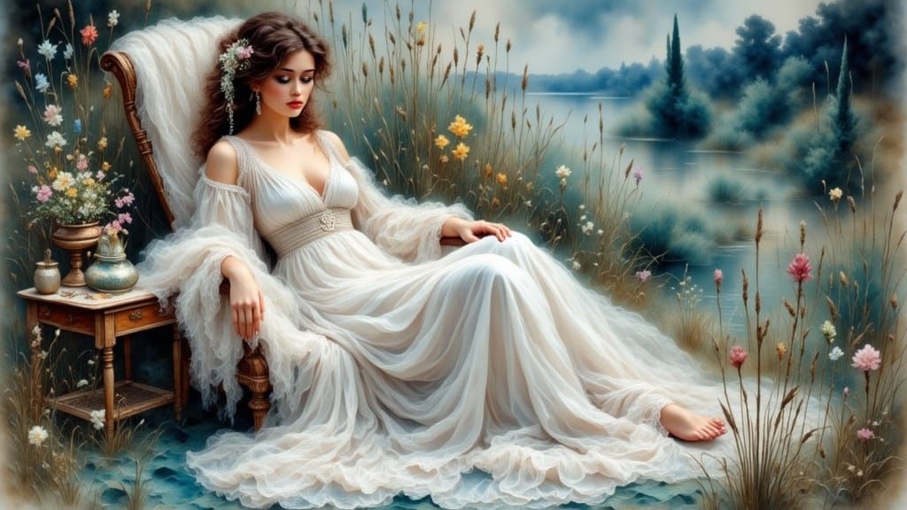 Victorian Woman in Hammock, Antique Watercolor Style