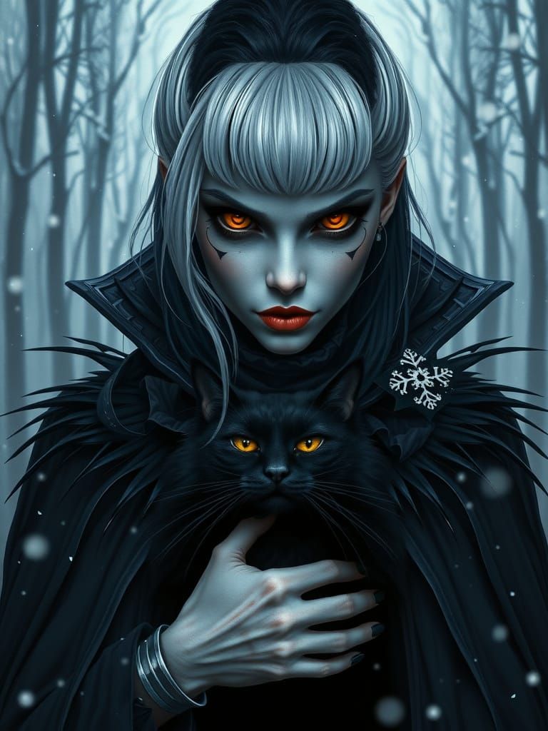 Cruella in Misty Forest with Black Cat