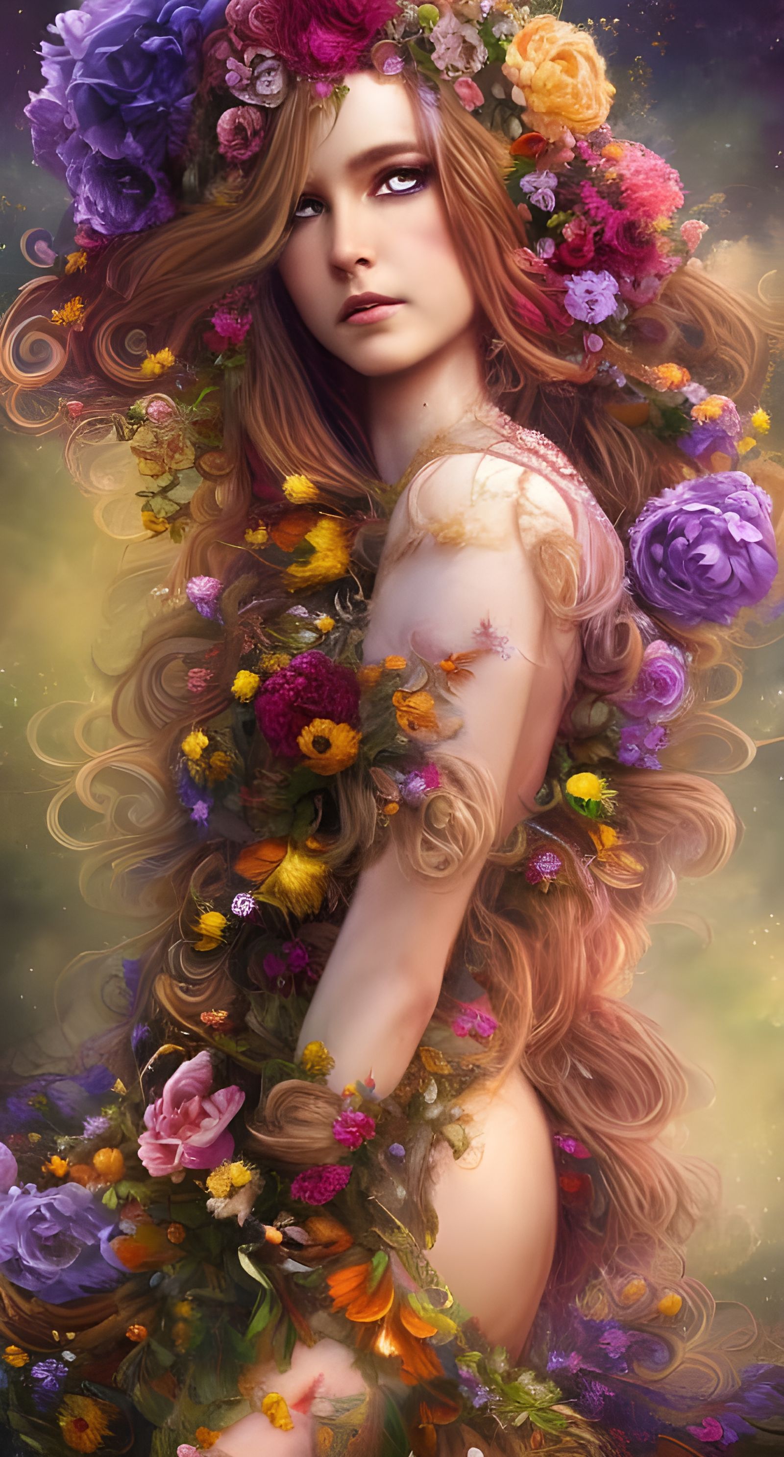 Floral Goddess with Flowing Mane in Detailed Art