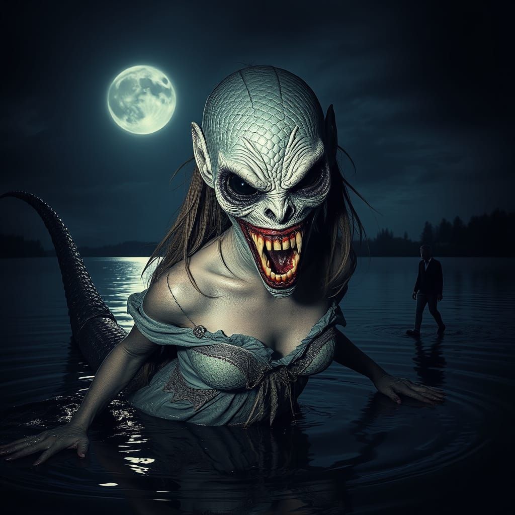 Ethereal Mermaid Horror Emerges from Dark Waters in Cyberpun...